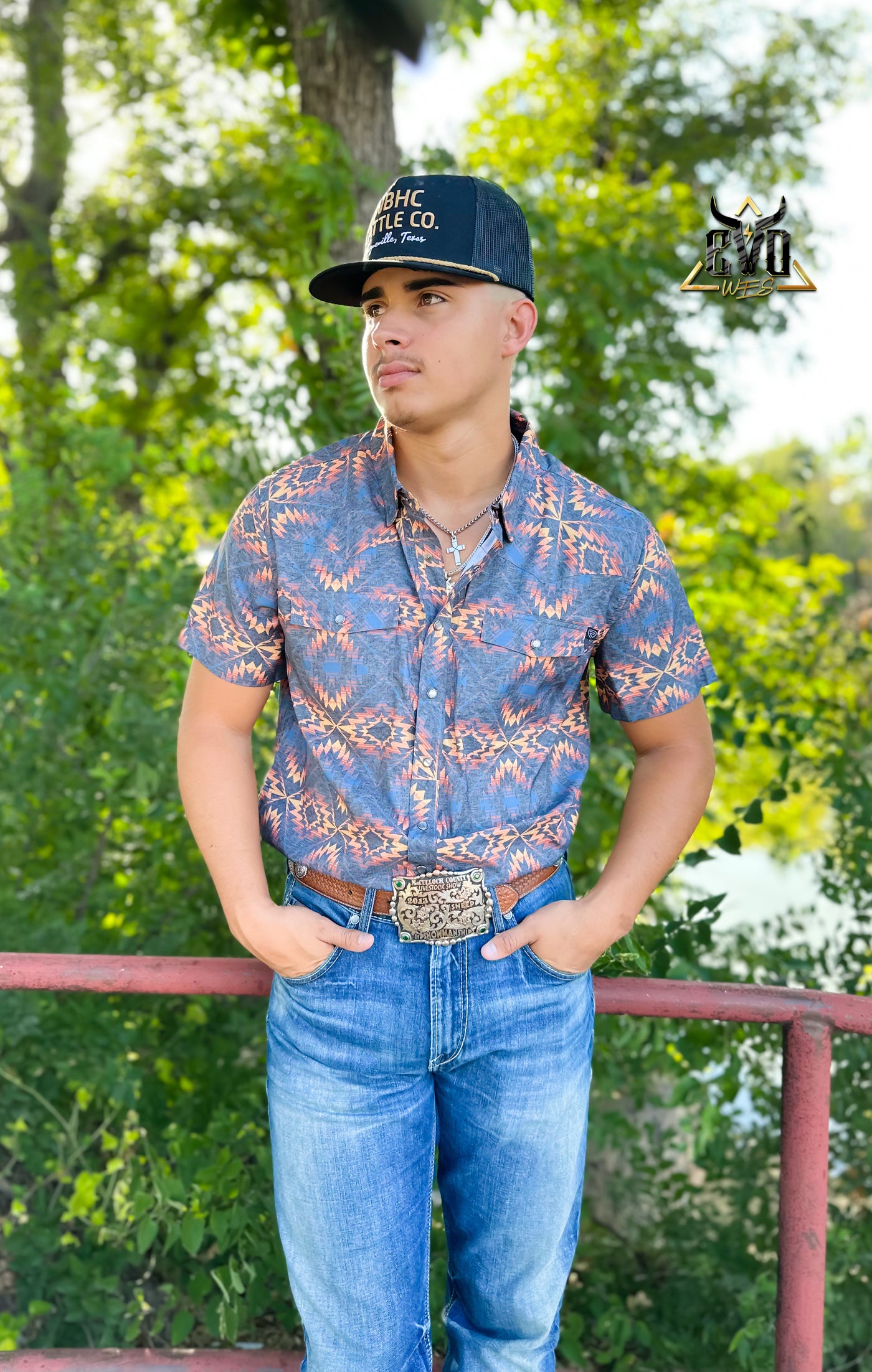 SS Charcoal Aztec Pearl Snap Ripstop Rock & Roll Shirt