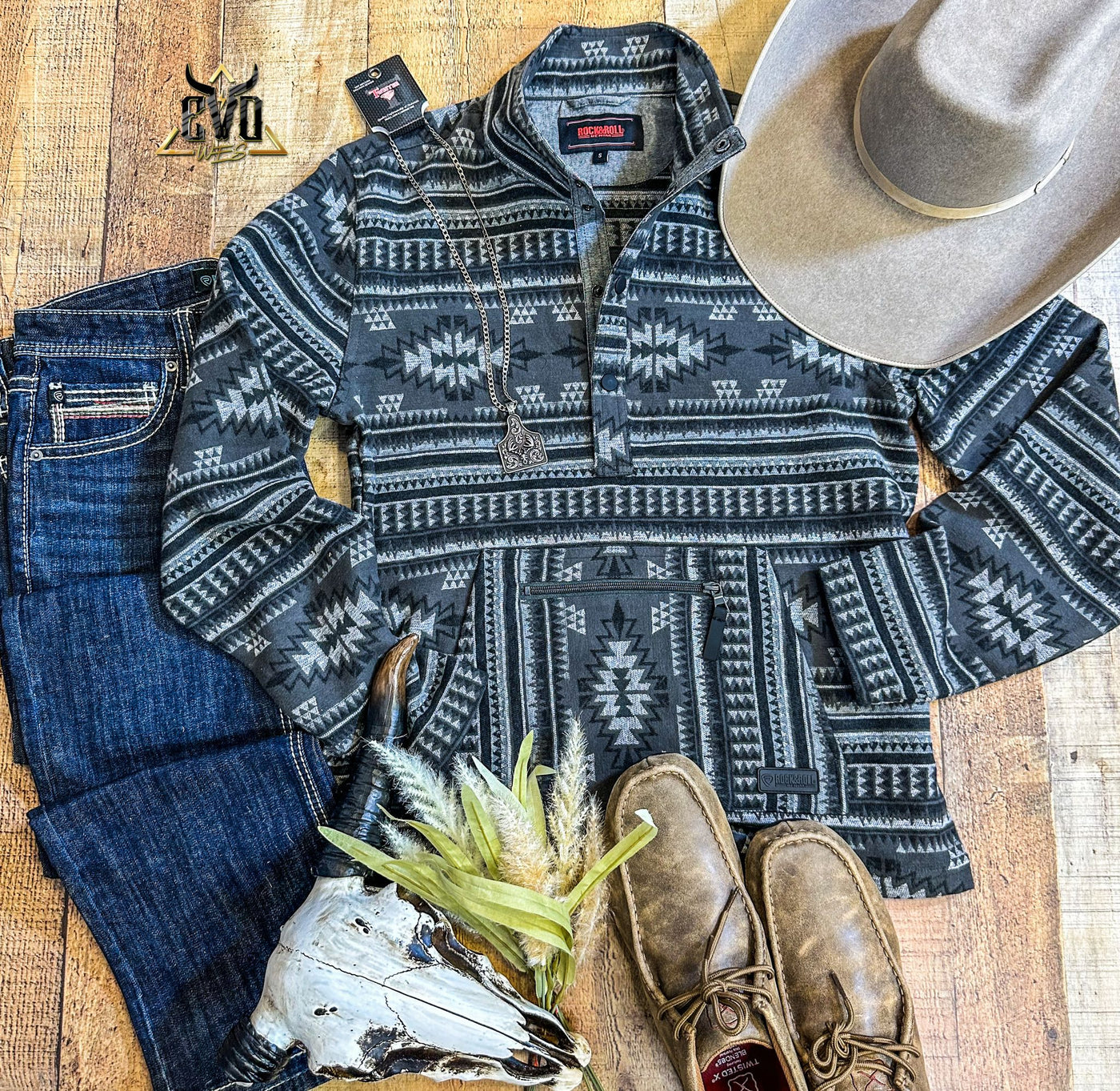 Grey Aztec Henley Pullover Rock & Roll Denim