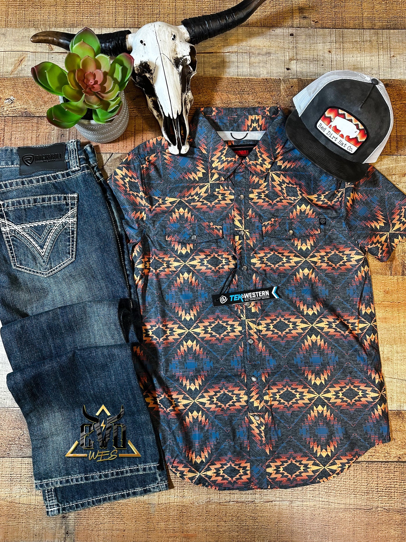 SS Charcoal Aztec Pearl Snap Ripstop Rock & Roll Shirt