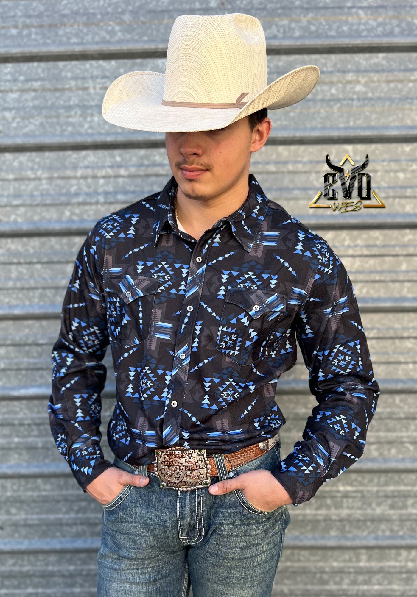 The TEC Black And Turquoise Brushed Knit Rock and Roll Denim Shirt