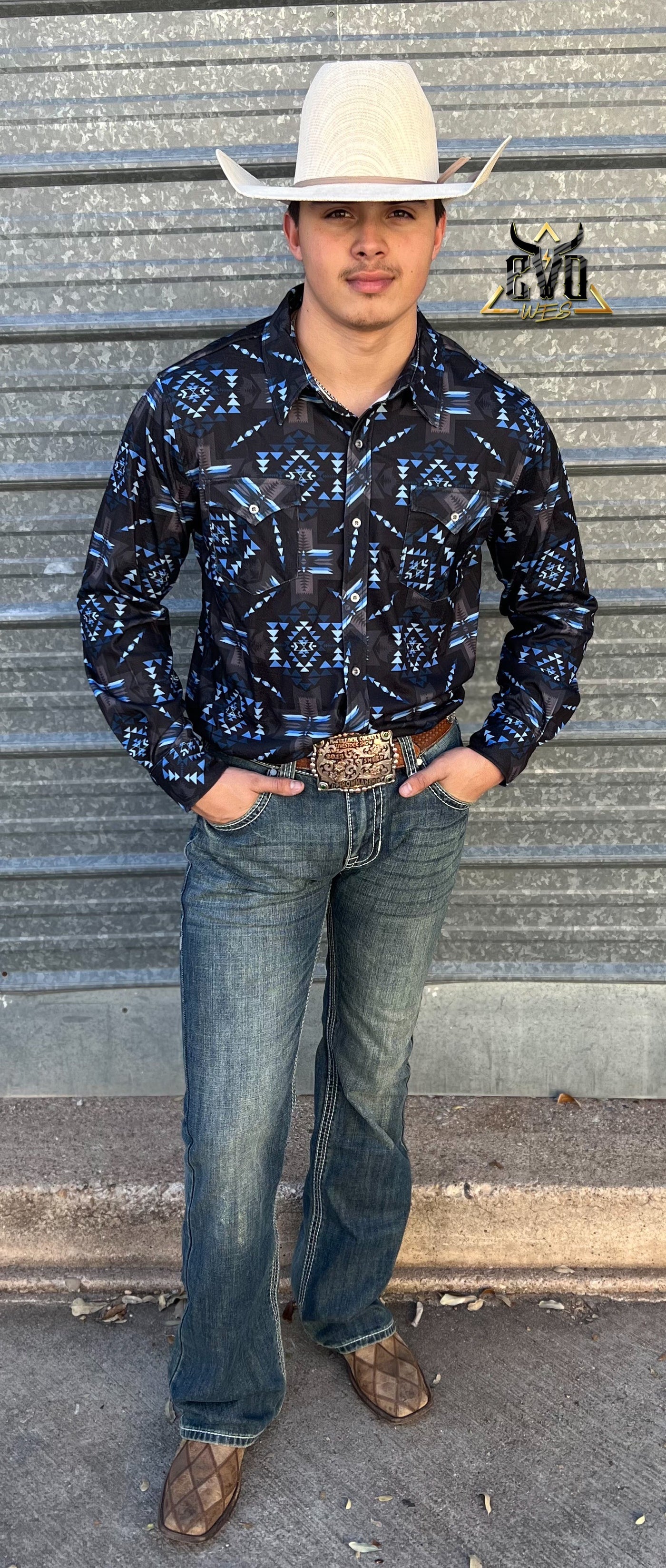 The TEC Black And Turquoise Brushed Knit Rock and Roll Denim Shirt